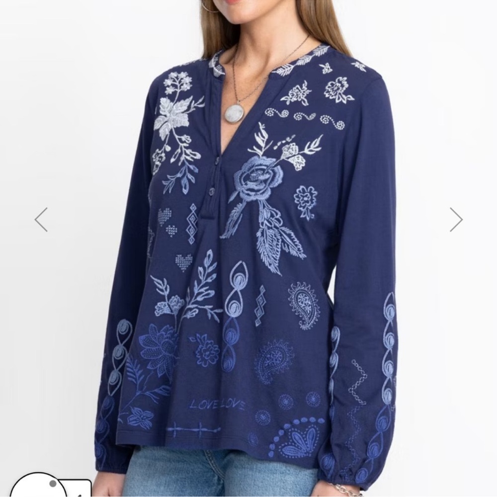 Johnny Was Navy Floral Embroidered Long Sleeve Tee